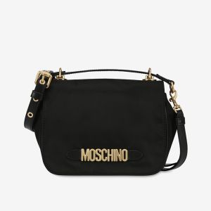 Moschino Lettering Logo Nylon Flap Bag Black