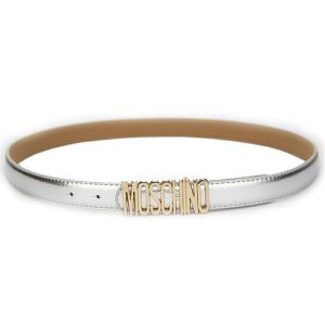 Moschino Logo Buckle Small Patent Leather Belt Silver
