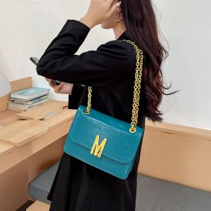 Moschino M Logo Waxyskin Shoulder Bag Blue
