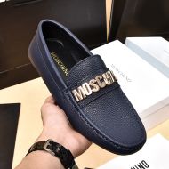 Moschino Lettering Logo Men Calfskin Loafers Navy Blue